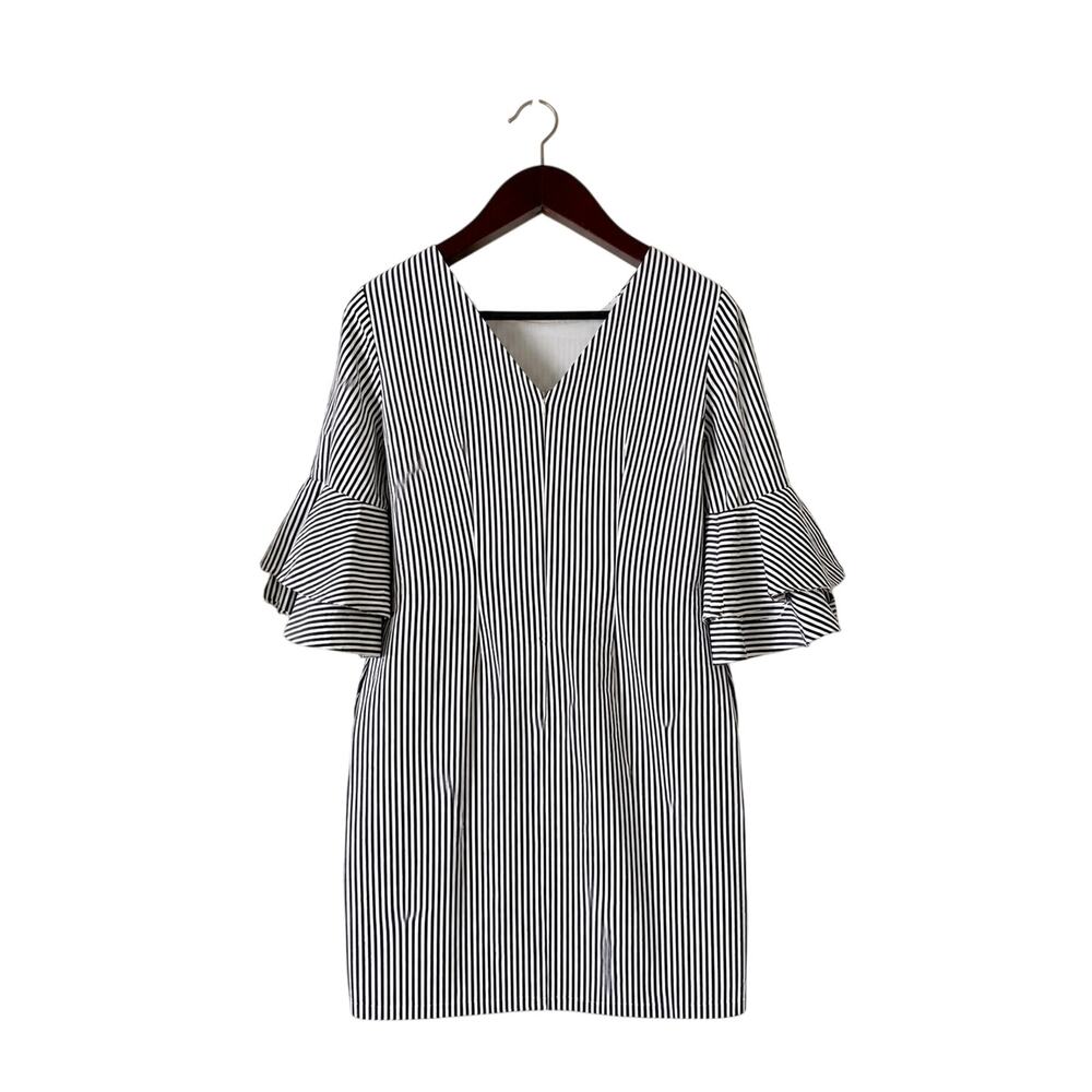 Cappagallo Dress Size 4 Black White Stripe Bell Sleeve Shift Cotton Lined